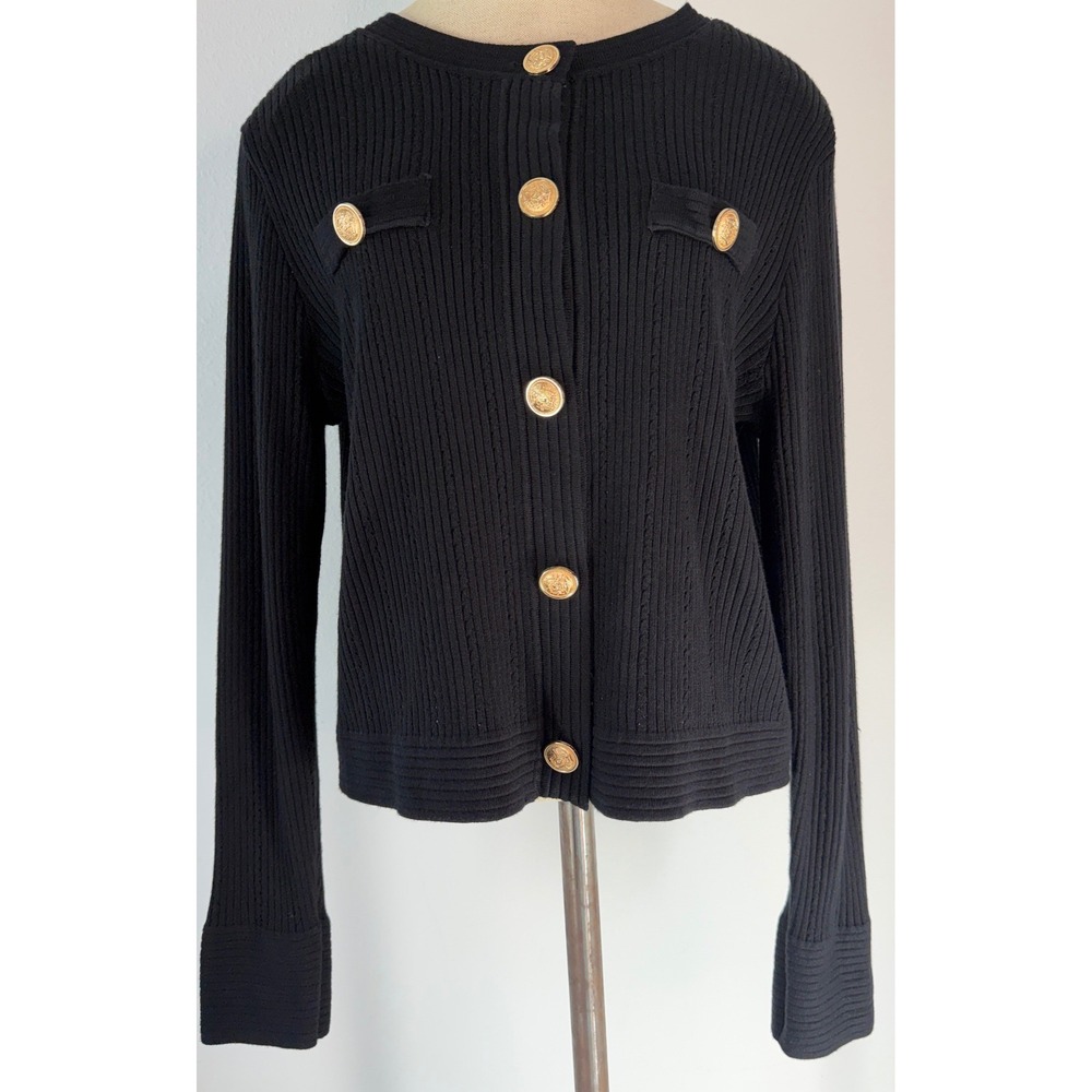 Black Ribbed Knit Cardigan Sweater Golden Ornate Buttons Womens XL Preppy Grunge